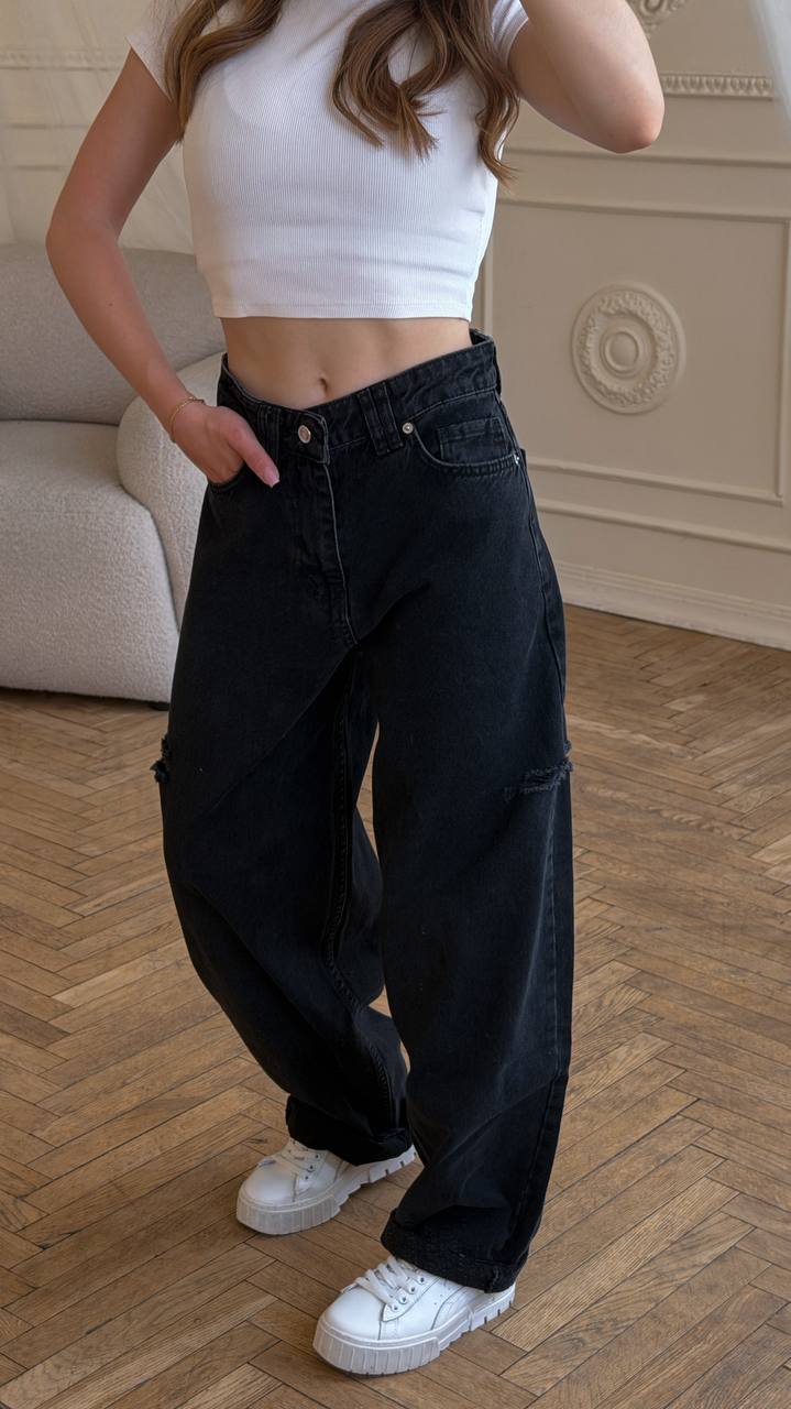Jeansy baggy z rozcięciami, ciemne