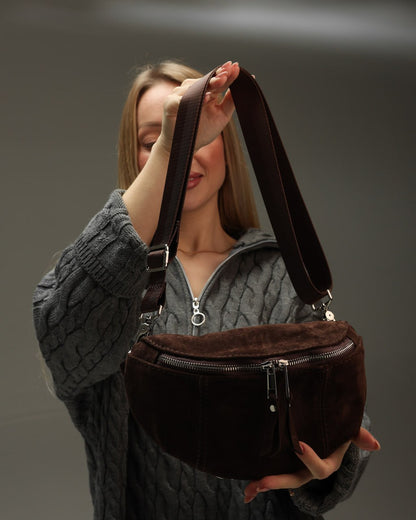 Women's fanny pack made of genuine suede, chocolate