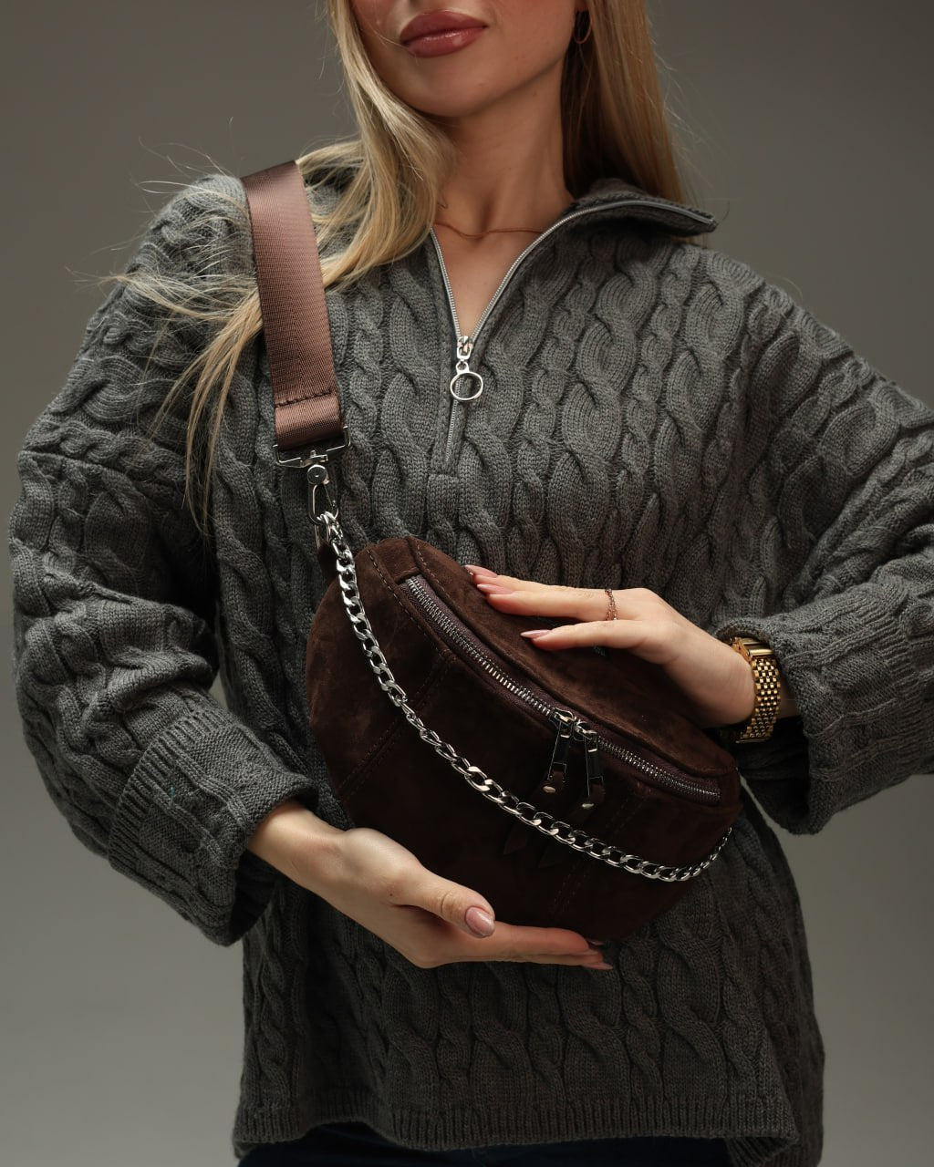 Women's fanny pack made of genuine suede, chocolate