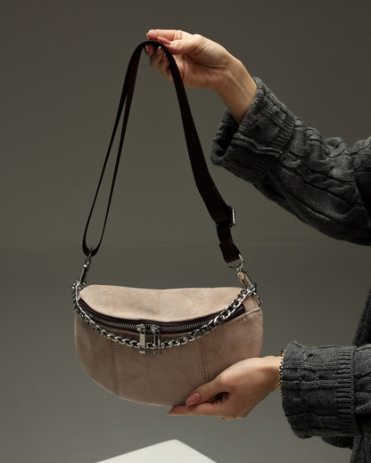 Women's fanny pack made of genuine suede, beige