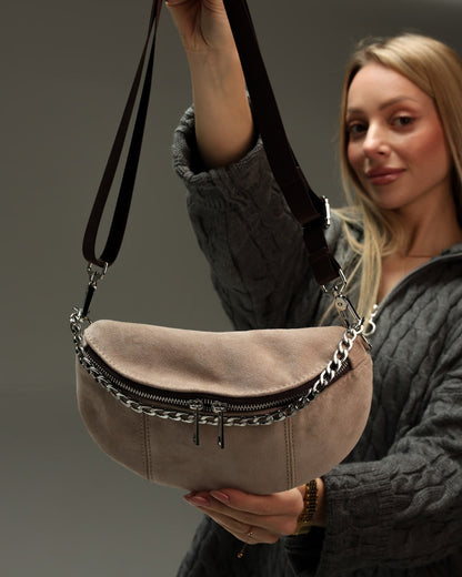 Women's fanny pack made of genuine suede, beige