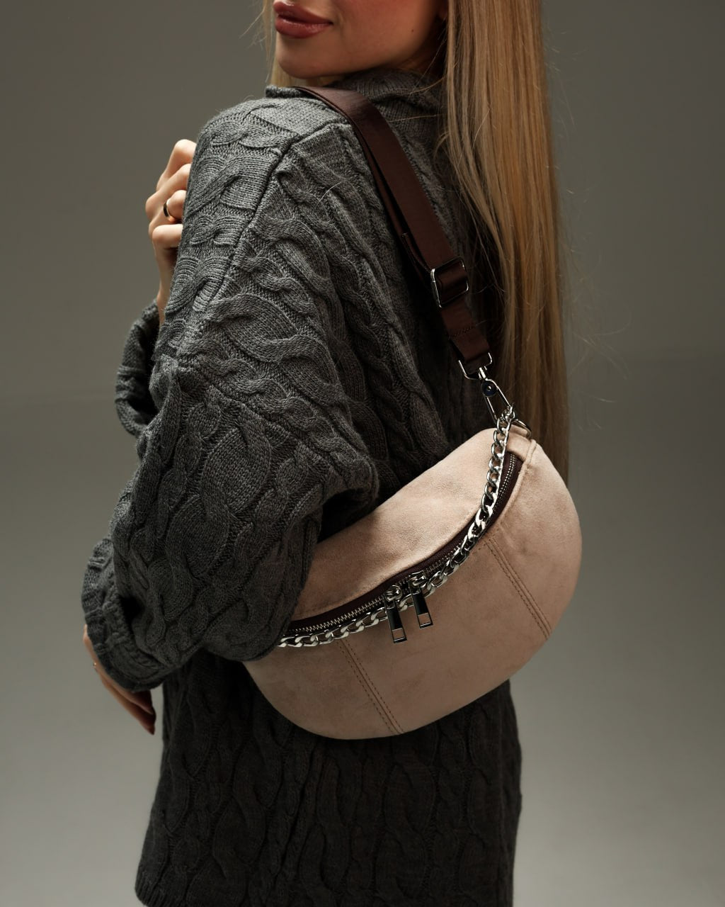 Women's fanny pack made of genuine suede, beige