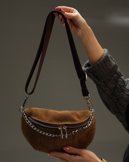 Women's fanny pack made of genuine suede, brown