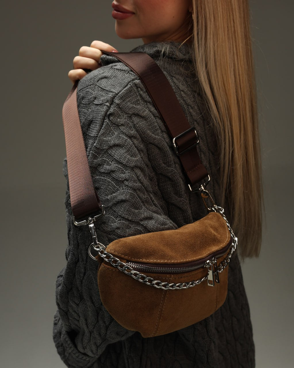Women's fanny pack made of genuine suede, brown