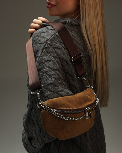 Women's fanny pack made of genuine suede, brown