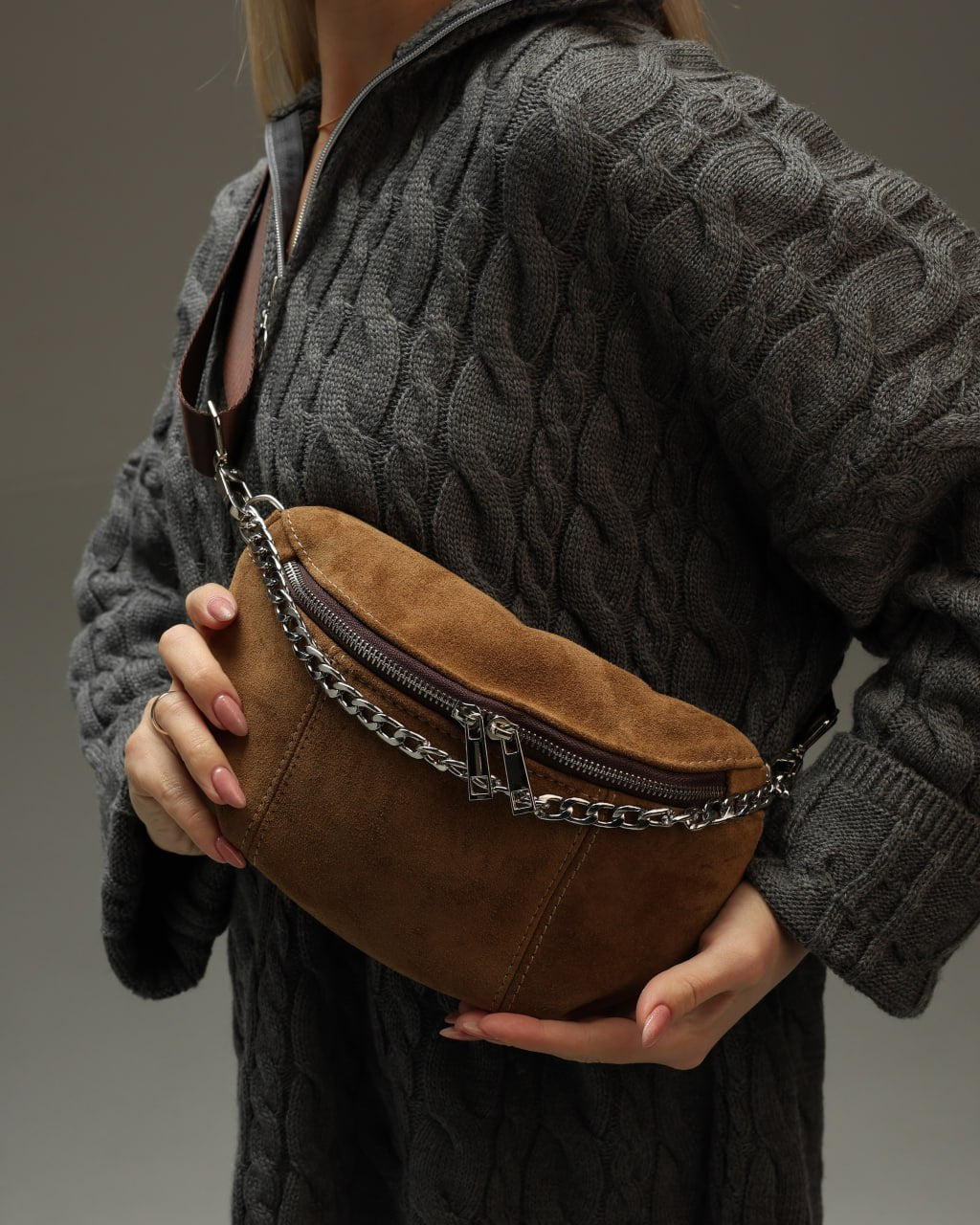 Women's fanny pack made of genuine suede, brown