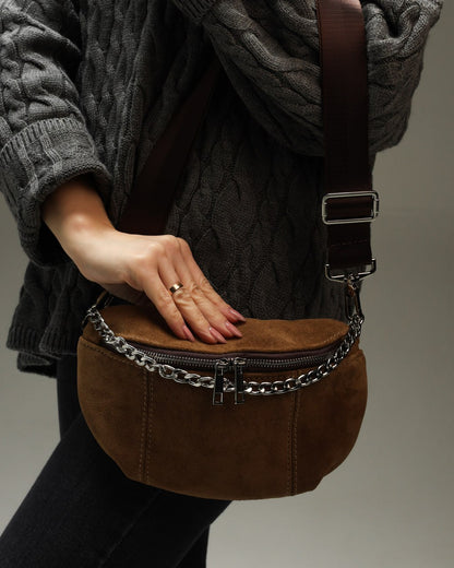 Women's fanny pack made of genuine suede, brown