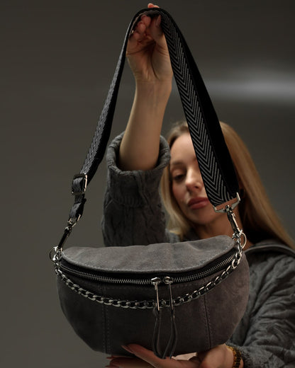Women's fanny pack made of genuine suede, grey
