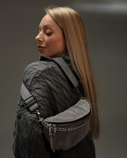 Women's fanny pack made of genuine suede, grey