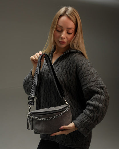 Women's fanny pack made of genuine suede, grey