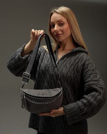 Women's fanny pack made of genuine suede, grey