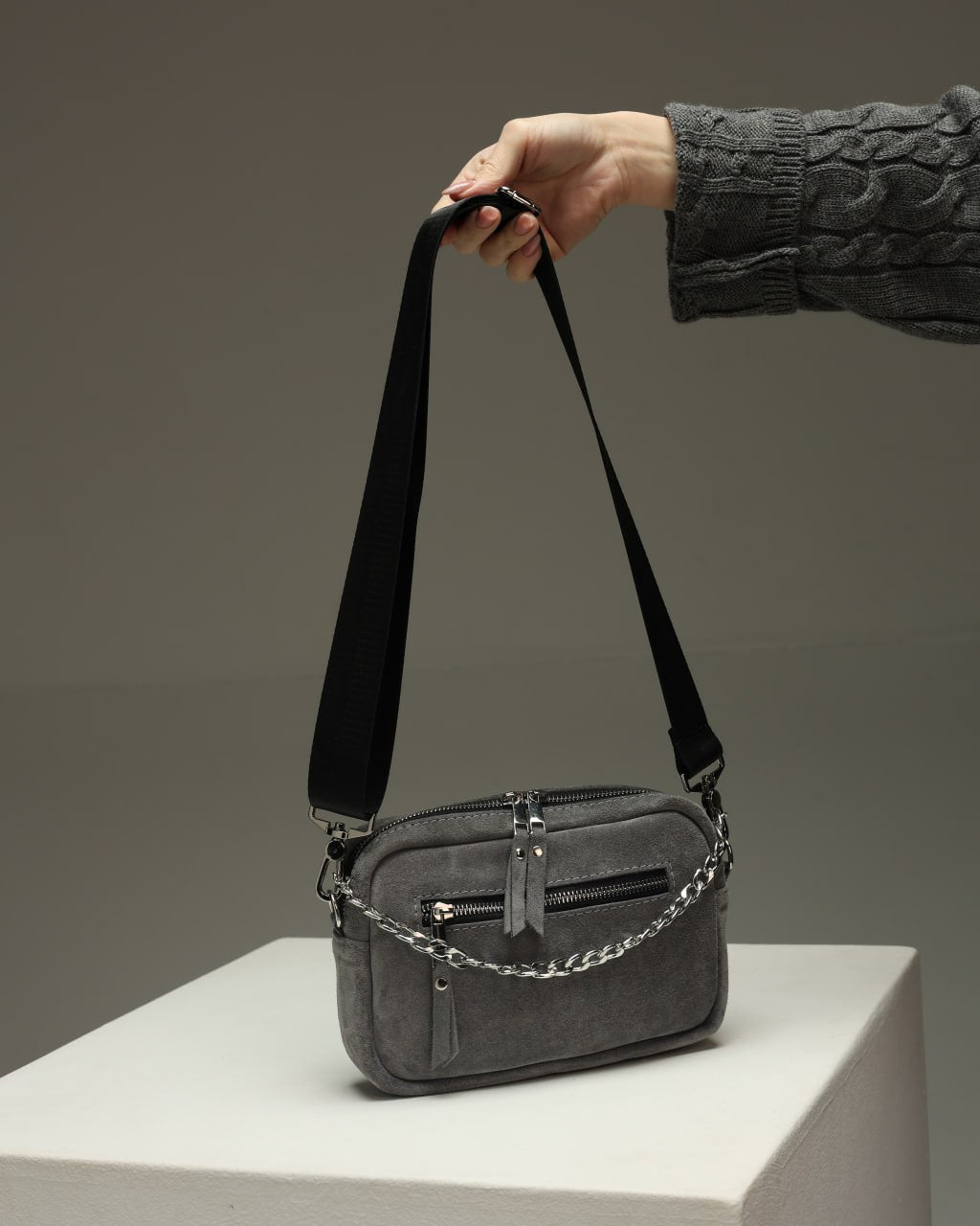 Women's genuine suede cross-body bag, gray