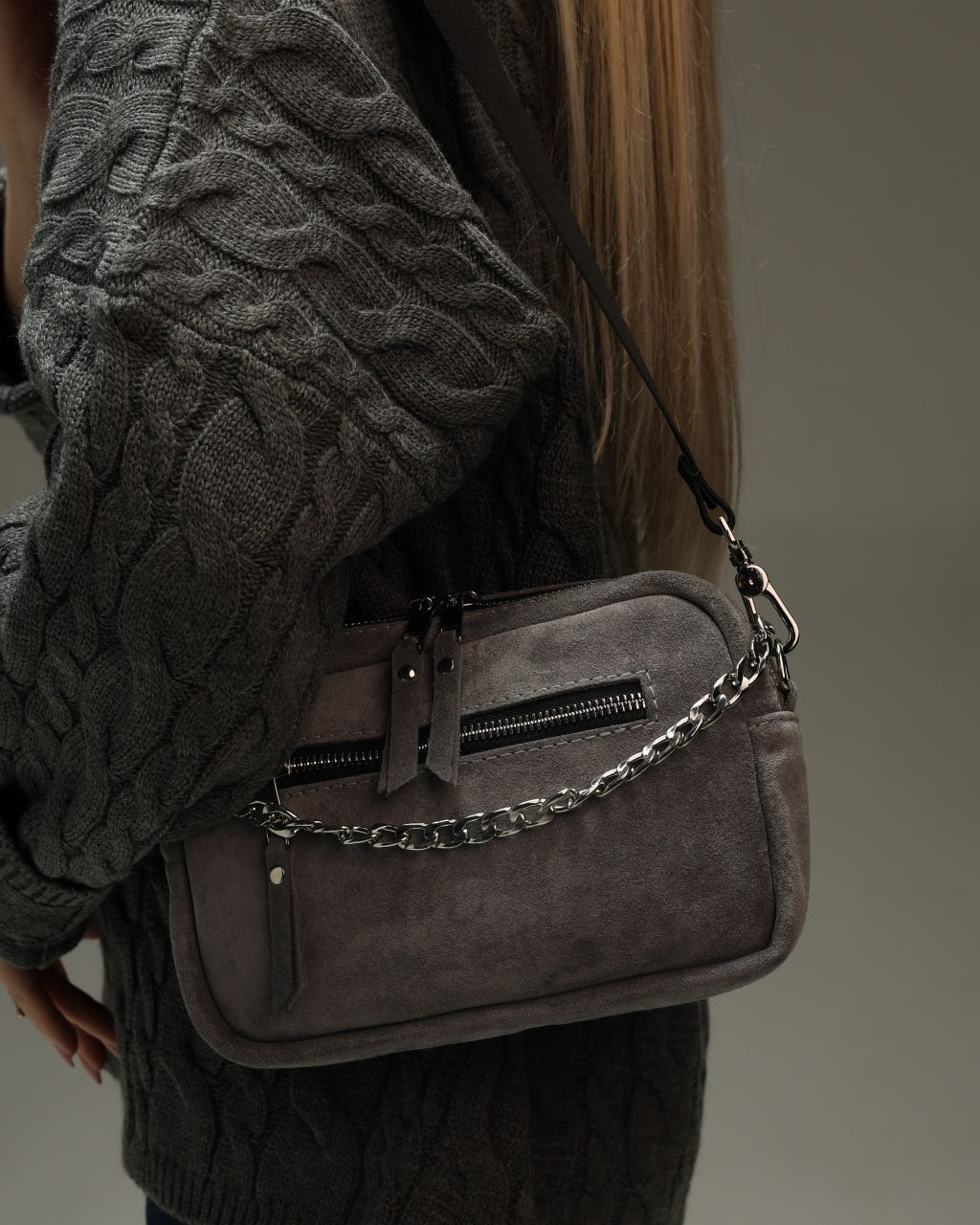 Women's genuine suede cross-body bag, gray
