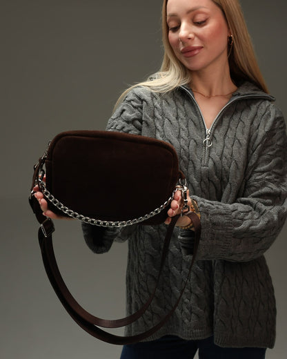 Women's cross-body bag made of genuine suede, chocolate