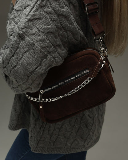 Women's cross-body bag made of genuine suede, chocolate