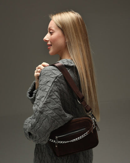 Women's cross-body bag made of genuine suede, chocolate