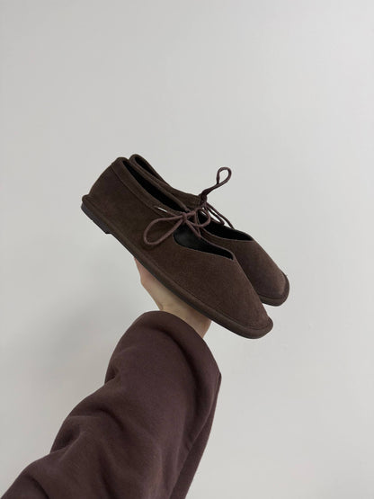 Балетки на зав'язках з анатомічно-розширеним носиком, шоколад